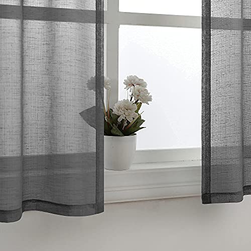 Charcoal Grey Short Curtains For Small Windows 30 Inch Length Set 2 Panel Rod Pocket Semi Sheer Kitchen Window Curtain Faux Linen Half Curtains For Bedroom Basement Window Curtain 30X30 Long Dark Gray #TOP3