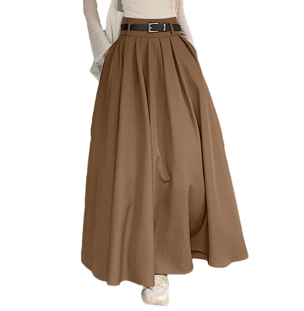 Women High Waist Spring Vintage Office Pleating Swing Skirt Holiday Loose Solid Maxi Skirt