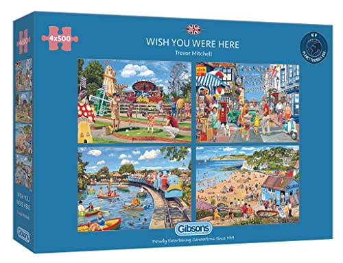 Gibsons Wish You Were Here 4 x 500 Piece Jigsaw Puzzle Set for Adults Multi-Box Holiday Puzzle Collection by Trevor Mitchell Premium Sustainable Puzzles