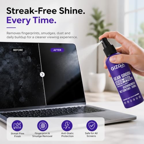 Image of Gizga Pro Series 3-in-1 Laptop Cleaning Kit | 100ml Screen Cleaner Spray, Microfiber Cloth & Cleaning Brush | Alcohol-Free Laptop Screen Cleaner for PC, Mobile, TV, Camera Lens, Tablet & Keyboard
