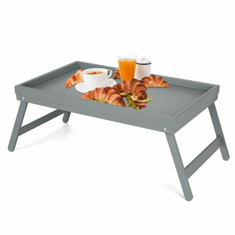 WHITE GREY BAMBOO WOODEN BREAKFAST SERVING LAP TRAY BED TABLE WITH FOLDING LEGS (Grey)