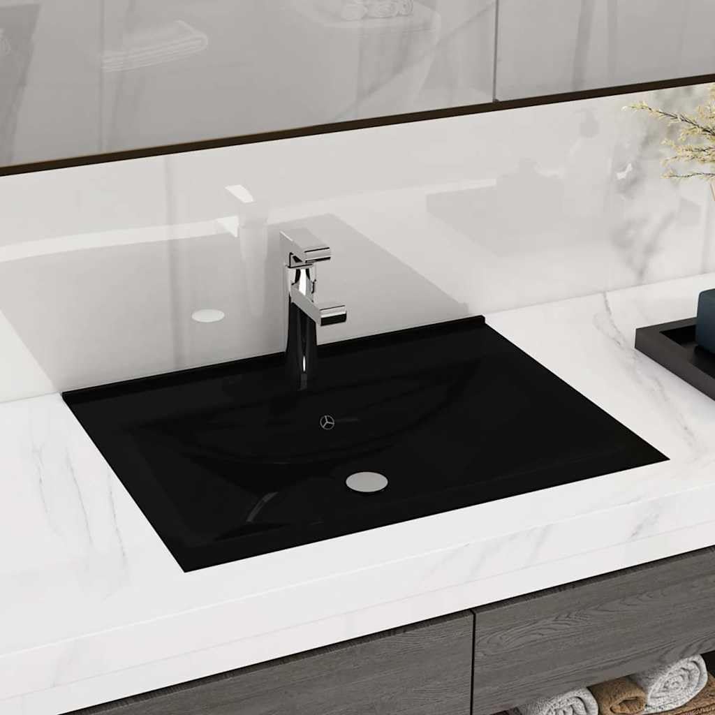 vidaXL Lavabo Lujoso con Agujero de Grifo Tocador Montado Encima Piedra Vasija Aseo Indoro Cocina Garaje Fácil de Limpiar Cerámica Negro Mate 60x46 cm