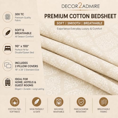 Image of DECOR2ADMIRE 400 TC Cotton Bedsheet with 2 Pillow Covers, Premium Damask Self Design Bed Sheet for Double Bed (Cream, Double King)