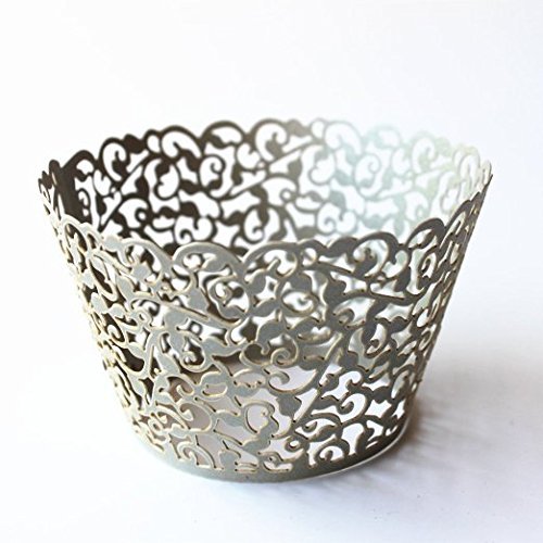 Gospire 50 pcs Pearl Lace Filigree Wedding Cupcake Wrapper Baking Cake Cups Wraps Party Decoration Laser Cut Silver Gray