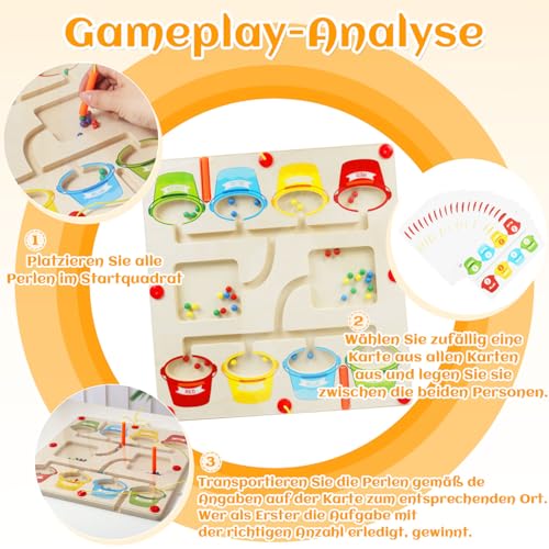 peccera Magnetspiel Labyrinth, Montessori Spielzeug ab 3 Jahre - Magnetisches Labyrinth Spielzeug für 2 Personen, Magnetspiel, Holzspielzeug, Kinderspielzeug, Lernen von Farben und Zahlen