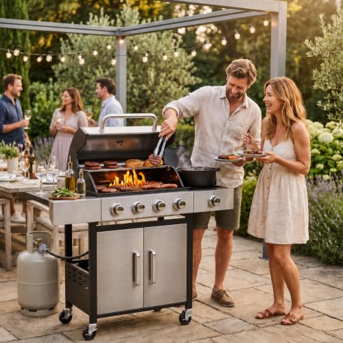 Foto von Aoxun 4+1 Brenner Propangasgrill mit Seitenbrenner, 49.000 BTU Gasgrill, Edelstahlgrill mit Gusseisenrosten und Seitentischen für den Garten, die Terrasse und zum Camping, schwarz und silber