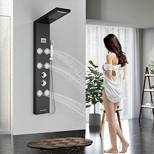 Columna de ducha de acero inoxidable con sistema torre, lluvia, cascada y masaje por chorro - Negro miniatura 1