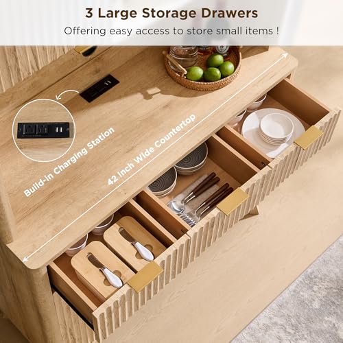 OKD 72" Tall Wine Bar Cabinet with Storage Hutch, Modern Wood Fluted Coffee Bar Cabinet with LED Lights and 10 Tier Storage Shelf & 9 Grid Wine Glass Rack for Home Dining Room Kitchen (Natural Oak) - Image 5