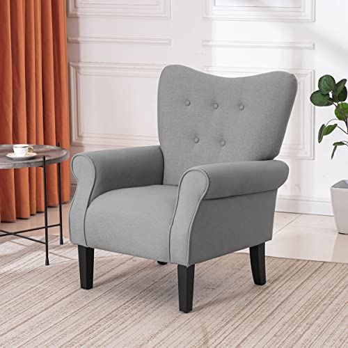 Mellcom Mid Century Wingback Arm Chair,Modern Upholstered Fabric High Back Accent Chair With Wood Legs,Upholstered Single Sofa Club Chair For Living Room, Bedroom, Home Office, Gray #TOP5