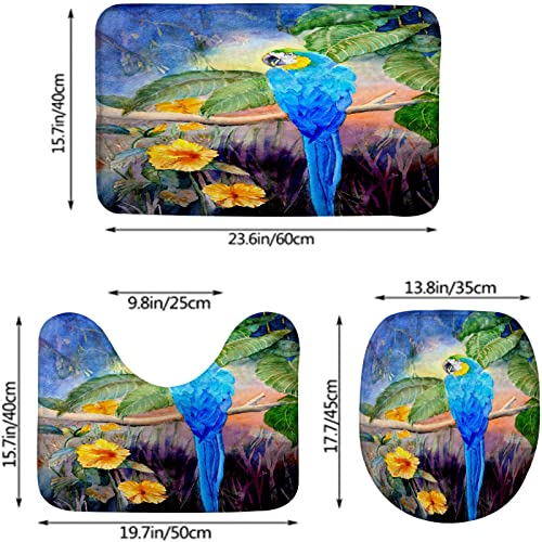 Badezimmerteppich-Set, 3-teilig, Blauer Papagei auf Baum, waschbare Badeteppiche, rutschfest, mit Rückenpolster, Konturteppich und Toilettendeckelbezug – Bild 4