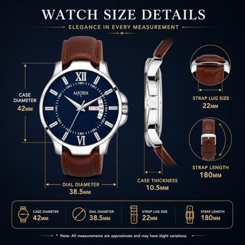 Matrix Antique Day & Date Leather Strap Analog Watch - Blue - Brown - Image 7