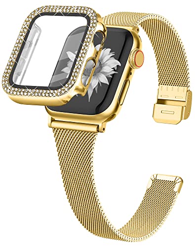 Joyozy Slim Stainless Steel Band Compatible with Apple Watch 38mm 40mm 41mm 42mm 44mm 45mm 46mm Milanese Strap with Bling Glitter Case Built-in Screen Protector Dressy Bracelet Band for Women (Gold 44mm)