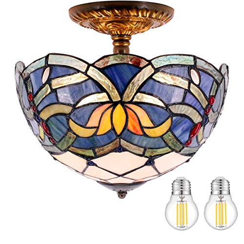 Tiffany Ceiling Light Fixture Semi Flush Mount 12" Blue Stained Glass Lotus Flower Shade Close to Dome Island Boho Hanging Lamp Decor Bedroom Kitchen Dining Living Room Entry Foyer Hallway WERFACTORY
