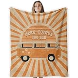 CosxHabitat Vintage Hippie Here Comes The Sun Fleece Throw Blanket 50X60, Cozy Retro Boho Flannel Decor for Couch Bedroom, Soft Warm Fuzzy Winter Gifts for Women Men
