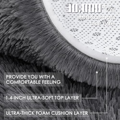 OLANLY Grey Round Rugs for Bedroom - Machine Washable, 4 ft Circle Area Rugs for Living Room, Soft and Fluffy Shaggy Carpet for Teen Girls and Boys, Nursery Rooms, Dorms, Home Decor Aesthetic