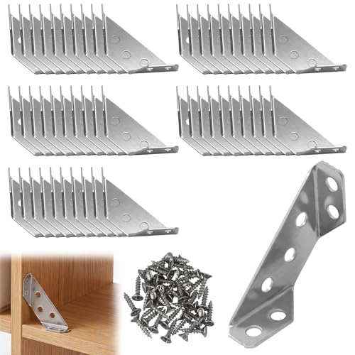 PercyEffie 50 Pcs Stainless Steel Furniture Corner Connector Universal Angle Corner Brackets for Wood with 350 Screws Fasten Hardware Triangle L Braces for Chairs Shelves Table Cabinet Drawer