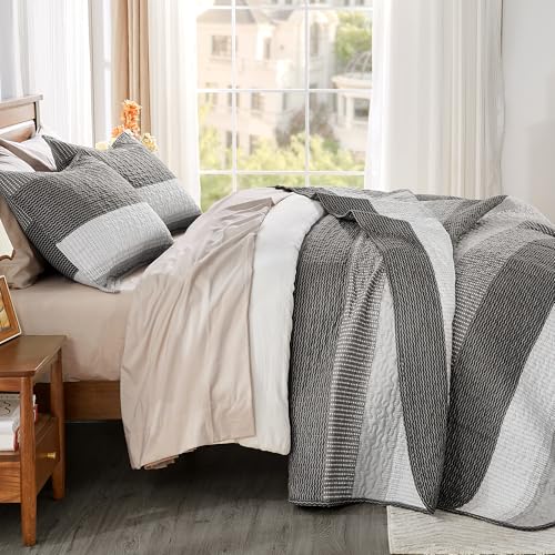 Image of Andency Queen Quilt Bedding Set Dark Grey, 3 Pieces Patchwork Summer Striped Ultra Soft Lightweight Bedspreads, Coverlets Set with 2 Pillow Shams for All Seasons (90 inchx96 inch)