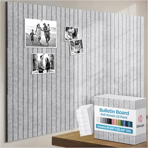 Image of X-Large Cork Board Alternative 12-Pack Felt Bulletin Board Thick and Decorative Pin Board for Home Office Walls 47.24 x 35.43 Inches with 72 Adhesive Tabs - [Light Gray]
