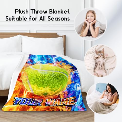 Blanket for Boys Player - Customize Tennis Ball Gifts - Comfy Cozy Fleece Throws for Team 4 Sizes