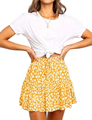 Relipop Women's Flared Short Skirt Polka Dot Pleated Mini Skater Skirt with Drawstring (Golden Floral,X-Large)