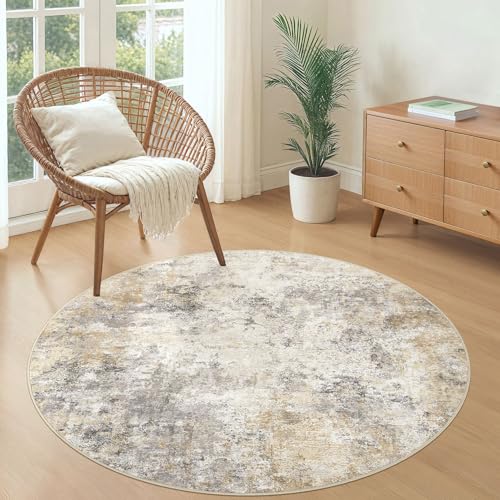 4ft Round Area Rug Living Room Rugs - 4x4 Washable Neutral Modern Abstract Soft Thin Rug Indoor Floor No Slip Rug Carpet for Bedroom Under Dining Table Home Office Decor - Golden Grey