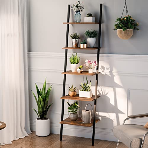 Hoobro Ladder Shelf, 5-Tier Leaning Shelf Bookshelf, Plant Flower Stand, Storage Display Rack Shelves For Living Room Bathroom Office, Multifunctional Ladder Bookcase Rustic Brown Bf71Cj01 #TOP6