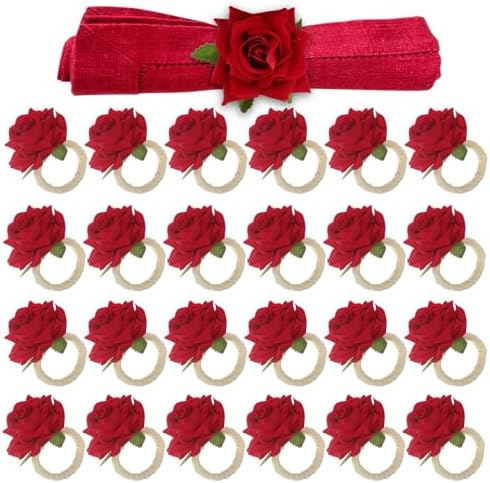 Napkin Rings Pearl Set Of 12, Premium Shiny Pearl And Rose Flowers