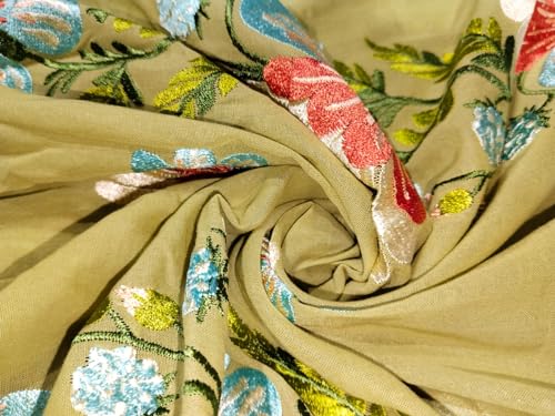 Tissu voile 100% coton brodé olive au mètre pour couture d'été léger et doux