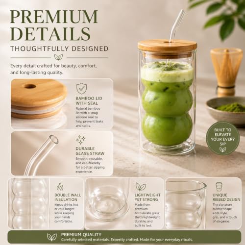 Vasos de burbujas contra salpicaduras para café y matcha con tapas protectoras y cepillo 7