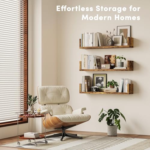 Image of Wall Bookshelf, Set of 3, U Shaped Floating Bookshelf, Hanging Bookshelves for Wall, Wall Mounted Shelves for Living Room Bedroom Office (Rustic Brown, 17 Inches, 3)