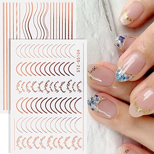 French Line Nail Art Stickers Decals 8 Sheets 3D Self-Adhesive Metal Curve Stripe Lines Design Nail Decorations Half Moon, Wave Line, Metallic Chains Line And Star For Women Acrylic Nail Supply #TOP2