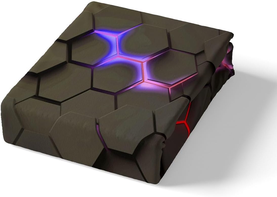 Geometric Hexagon Theme Full Size Fitted Sheet No Top Sheet,Red Purple Neon Lights 3 Pieces Kids Teenager Room Decor 3D Honeycomb Pocket 2 Pillowcases