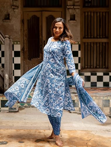 Image of MIRCHI FASHION Pure Cotton Floral Kurta Set for Women with Dupatta & Pant | 3 Piece Straight Fit Ethnic Outfit | Breathable Summer Salwar Suit