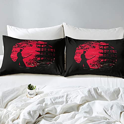 Samurai Bedding Set Sunset Duvet Cover Japanese Samurai Quilt Cover Scenery Silhouette Comforter Cover Room Decoration For Men (1 Duvet Cover With 2 Pillow Cases),King Size - Image 2
