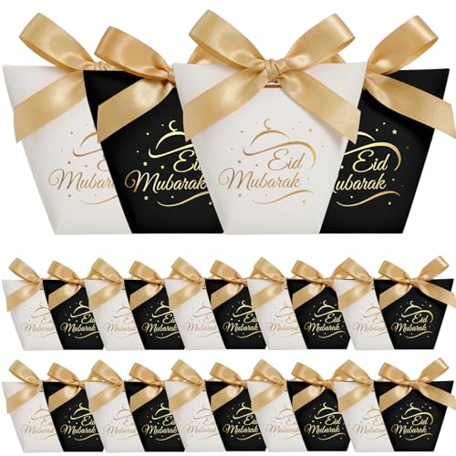 24Pcs Eid Mubarak Gift Bags for Ramadan, Gift Boxs for Halal Chocolate, Dates Sweet, Dessert - Muslim Gift Bags with Gold Ribbons for Ramadan Gifts, Eid Mubarak Party Decorations