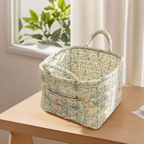 Image of Quilted Fabric Basket Foldable Car Storage Boho Floral Laundry Basket Hamper for Nursery Bedroom & Living Room | Organize Clothes Toys