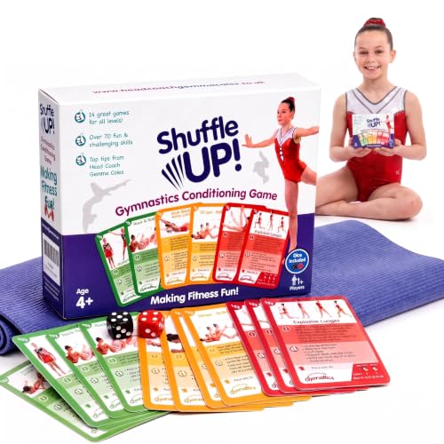 Deck of gymnastics skill cards fanned out beside the game box