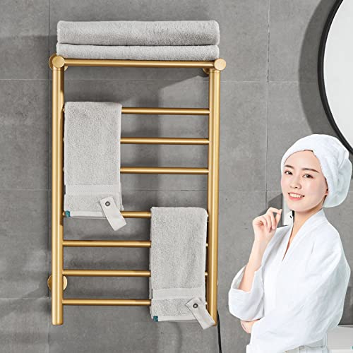 Dudyp Electric Heated Towel Rack, Gold 7-Bar Wall Mounted Towel Warmer With Top Shelf, 304 Stainless Steel Electric Heated Towel Rail For Bathroom, 70W Heated Towel Warmer, Hardwired #TOP1