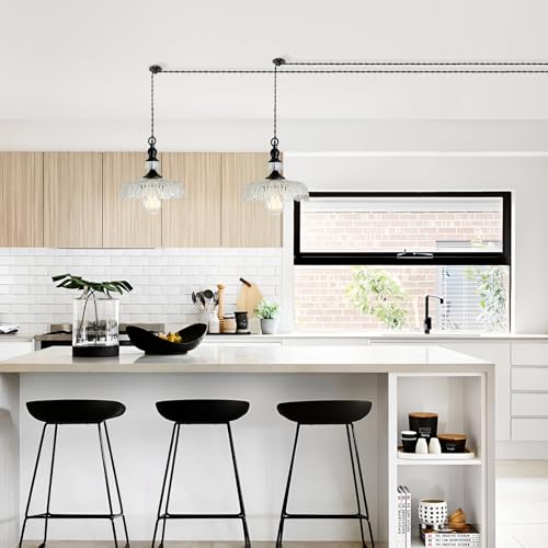 Image of CVKASH Plug in Glass Pendant Light Fixture Black Vintage Adjustable Chandelier Hanging Ceiling Light for Farmhouse Hallway Bedroom Foyer Kitcken Dining Room Island.