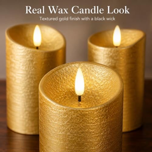 Image of Gold Flameless Candles with Remote Set of 3 Christmas Decor | 3 Inch Diameter, 4 5 6 Inch Heights, Real Wax, 3D Flicker, 8 Key Remote, Timer, 2 AA Each