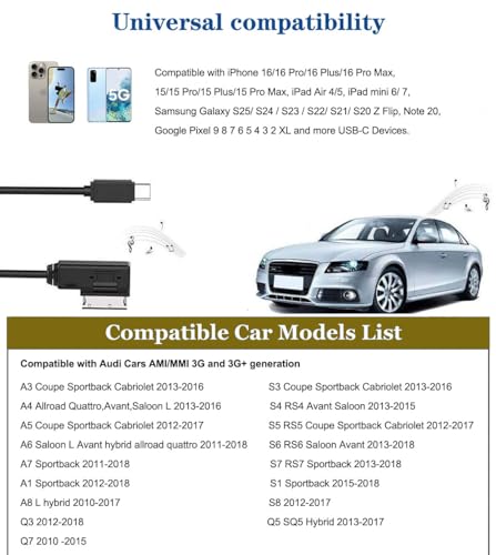 Câble AMI MMI USB-C pour iPhone 16 et Audi A4 A3 A6 Wahbite 1.8m - 4