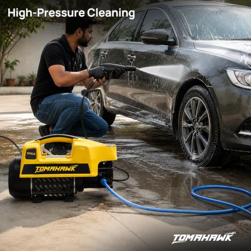 Image of Tomahawk TPW-A Induction Motor Pressure Washer - 130 Bar High Pressure, 1900W Deep Cleaning Power | 1-Line Compact Washer with 8m Hose, Pressure Gauge & Foam Bottle for Car, Bike & Home