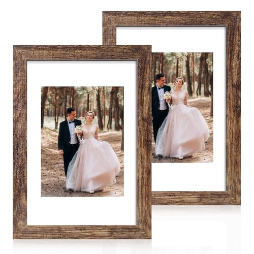 iRahmen 8x12 Picture Frame with Mat 6x8 - High Definition Real Glass Wooden Photo Frames for Tabletop Display and Wall Mounting (Brown, Set of 2)