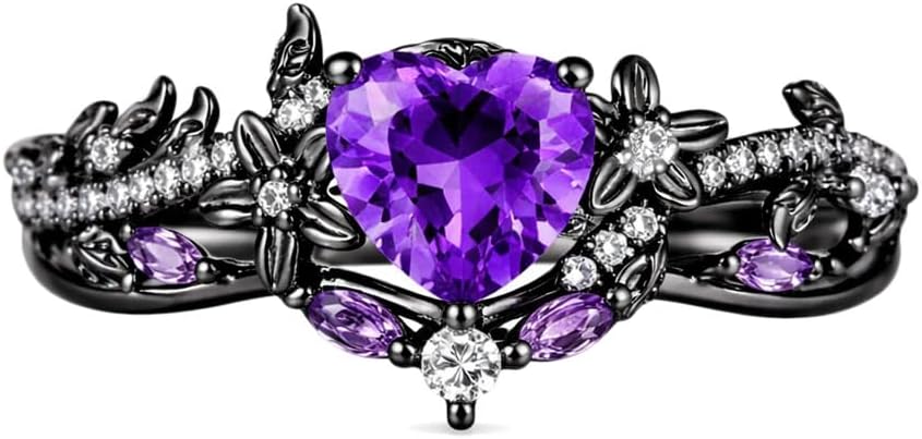 Sterling Silver Amethyst and Lab Diamond Wedding Ring Set for Women, Amethyst Black and Purple Black and Purple Bridal Ring Set for Her Ladies Christmas Engagement Wedding