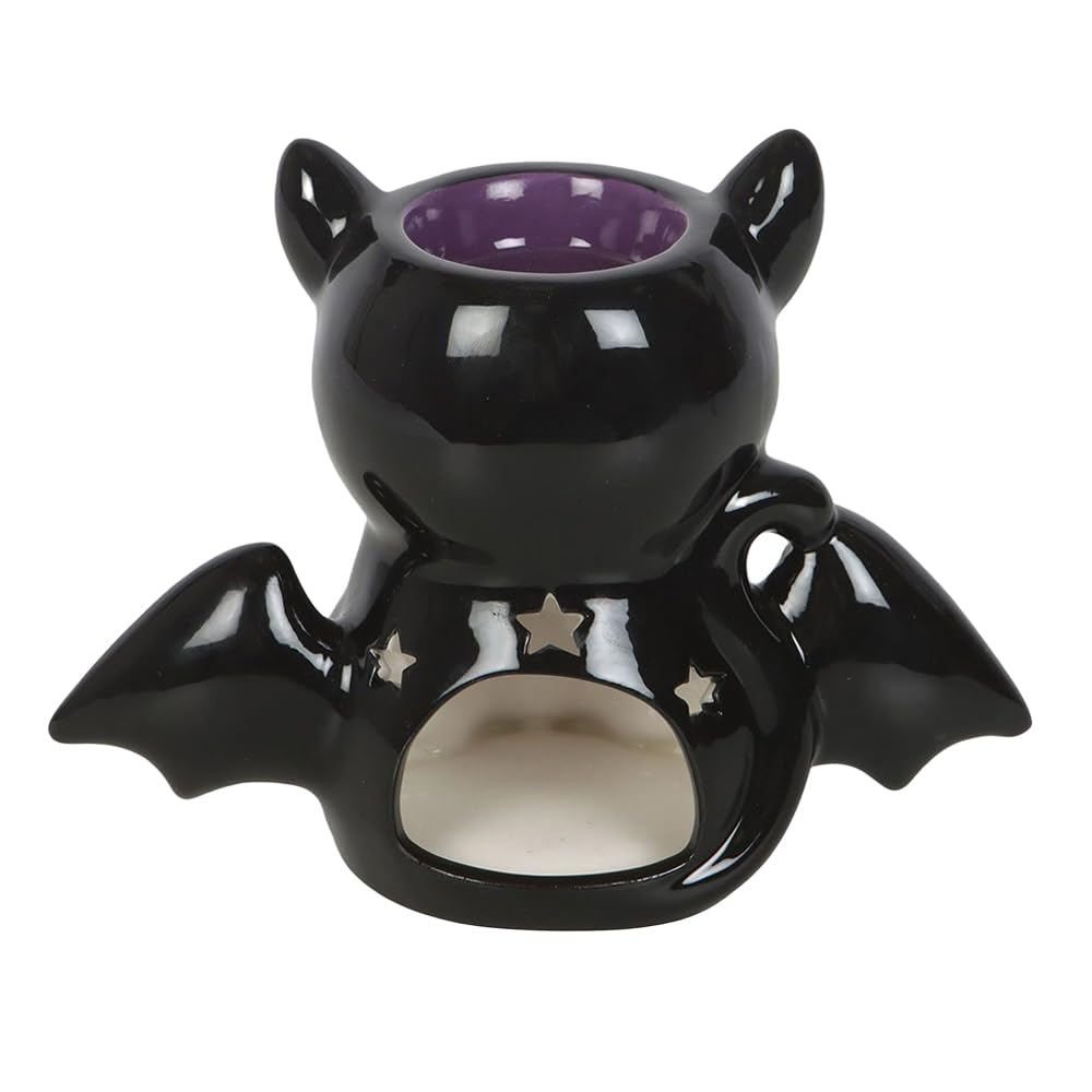 Cute and Creepy Bat Cat Oil Burner and Wax Warmer – Bat-Winged Black Cat Design, Versatile for Oils or Wax Melts, Perfect for Gothic and Witchy Decor