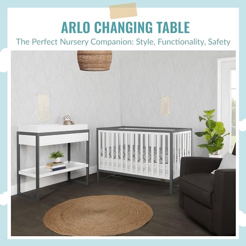 Image of Dream On Me Arlo Changing Table with Pad & Safety Strap - Steel Grey | Solid New Zealand Pinewood, Non-Toxic Finish, Spacious Fixed Storage Shelf for Diapers, Water-Resistant 1 inch Pad