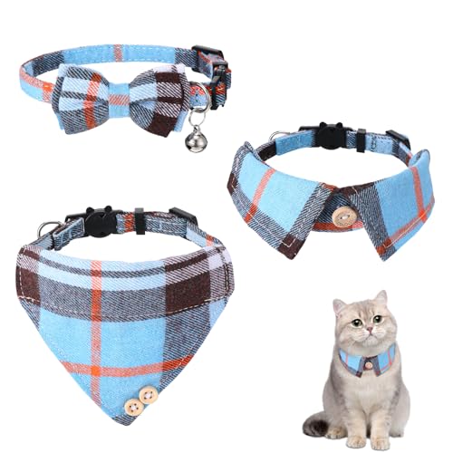 ElevateTech Cat Collars Breakaway with Bow Tie and Bandana 3 Pcs Blue Plaid Kitten Collar with Bells Mini Cat Bandana Kitten Bow Tie Collar with Safety Buckle Adjustable for Small Cats Pets