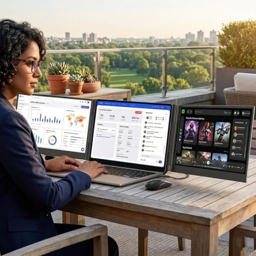 Image of APILDELLA 14'' Triple Laptop Screen Extender, 1080P FHD Laptop Extended, Ultra-Thin Portable Monitor for Laptop, Plug-Play Dual Monitor for 13-17.3'' Laptops, Work with Mac, Windows, Chrome