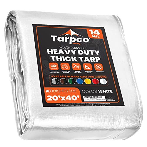 Tarpco Safety Extra Heavy Duty 14 Mil Tarp Cover, Waterproof, UV Resistant, Rip and Tear Proof, Poly Tarpaulin with Reinforced Edges for Roof, Camping, Patio, Pool, Boat (White 20 X 40 )