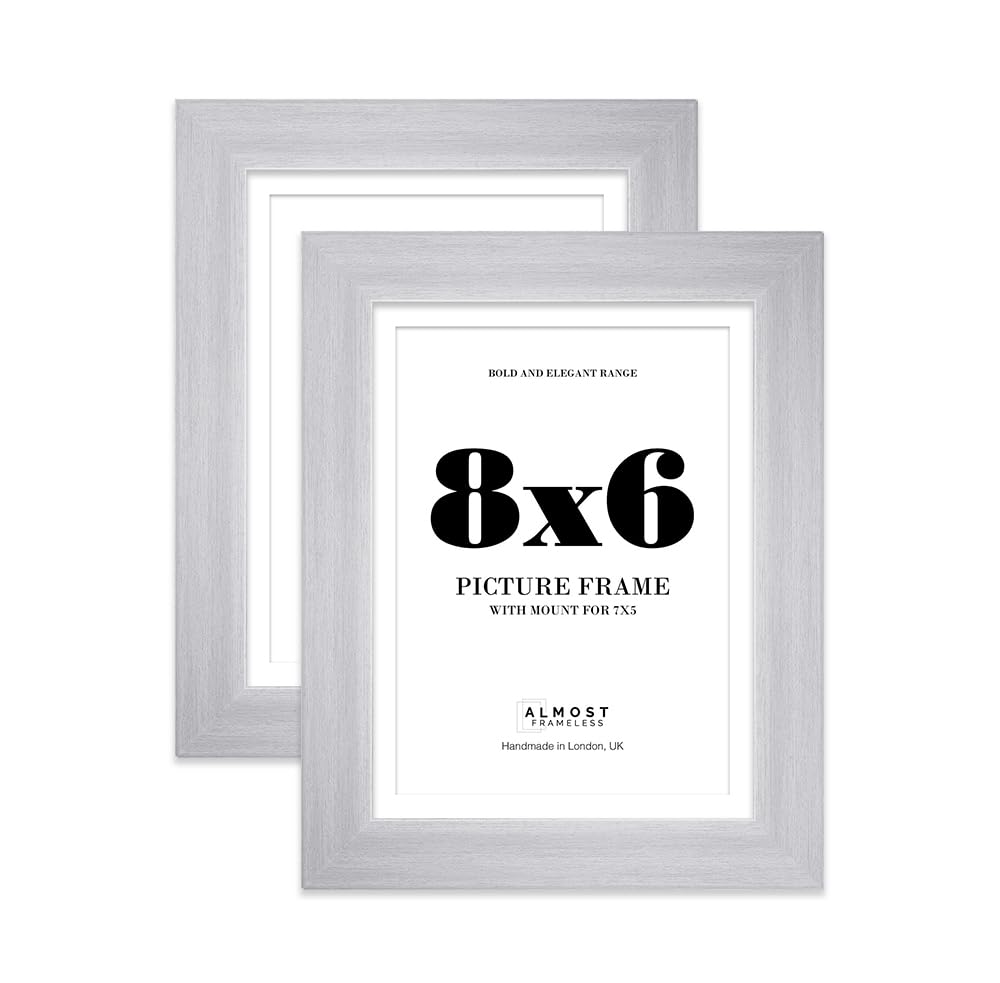 8x6" Silver Frame With Mount for 7x5" Pictures 28mm Edge Portrait and Landscape Display with Wall Hooks and Kickstand, 2 Pack